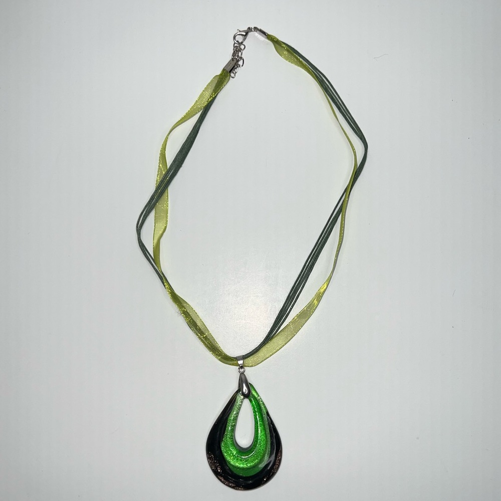 Venetian/Murano Green & Black Glass Necklace with a Green ribbon From Italy